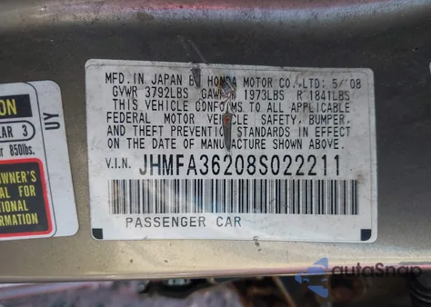 2008 Honda Civic Hybrid from USA, damaged, VIN JHMFA36208S022211